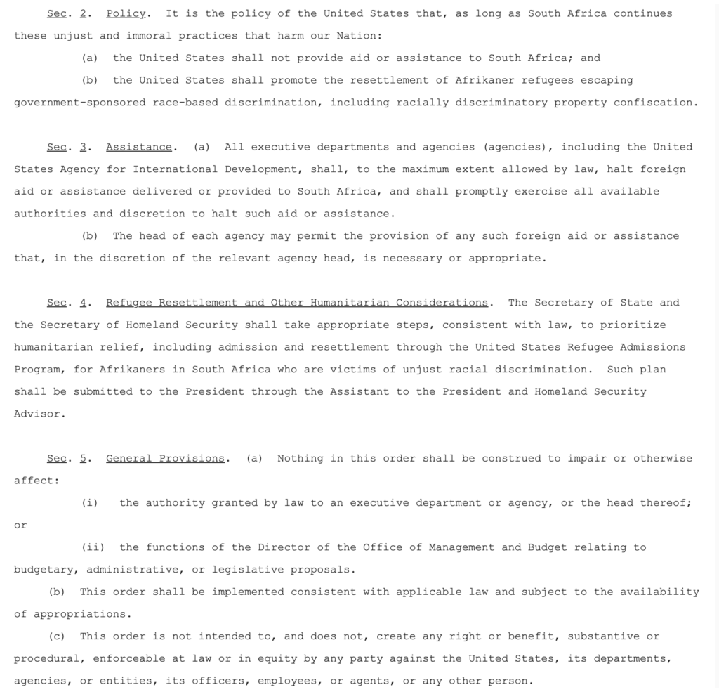 U.S. Government executive order sanctioning South Africa over the Expropriation Act of 2024. Part 2